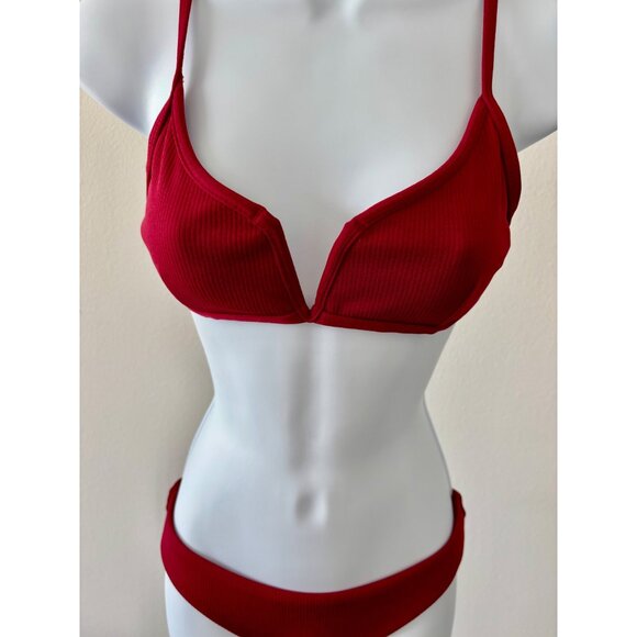 Ribbed Swimsuit 6 Bikini Plunge Neckline Athleisure Minimalist Chic Coquette - Picture 6 of 14